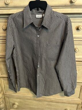 Chico's Women’s Grey and White Pinstripe Button-Down Shirt